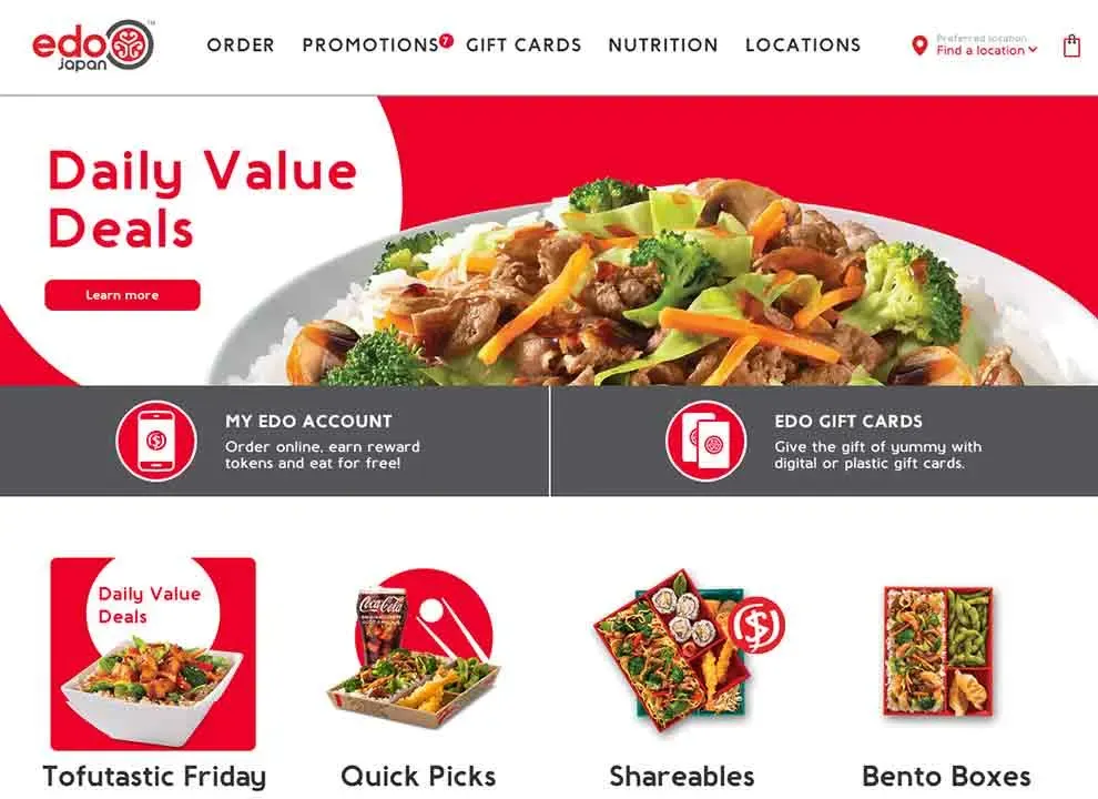 The image displays Edo Japan's website homepage featuring a banner showcasing a plate of stir-fried vegetables and meat under the text "Daily Value Deals," along with sections for account management, gift cards, and various meal options like Tofutastic Friday, Quick Picks, Shareables, and Bento Boxes.