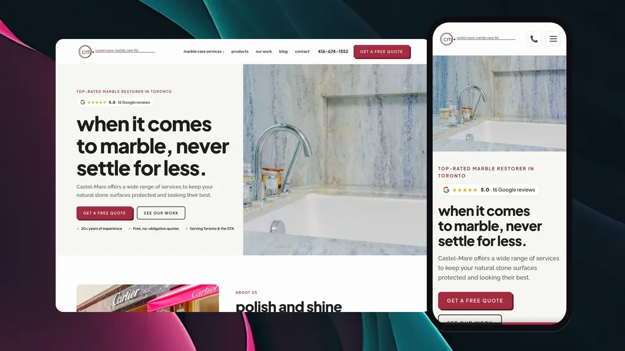 The Castelmare Marblecare website shown on a laptop and phone: a hero reading 'when it comes to marble, never settle for less' beside a marble bathtub photo and a 5.0 Google reviews badge.