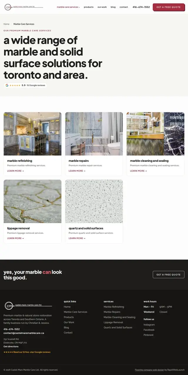 Página de servicios de Castelmare Marblecare presentando soluciones de mármol y superficies sólidas para Toronto, con tarjetas de fotos para reacondicionamiento, reparaciones, limpieza y sellado, eliminación de lippage y cuarzo.