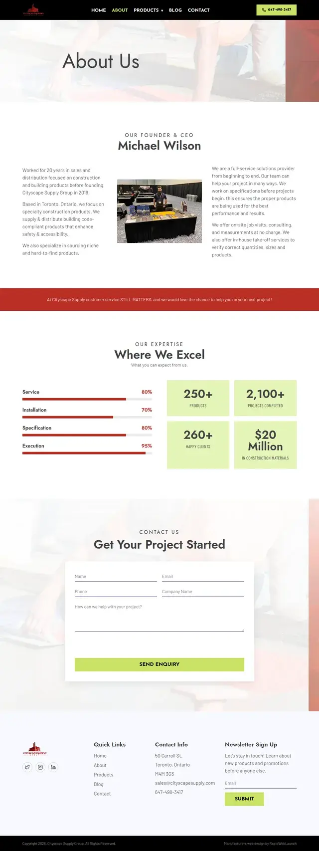 Página sobre de Cityscape Supply perfilando al fundador y CEO Michael Wilson y trazando la experiencia de la empresa en servicio, instalación, especificación y ejecución.