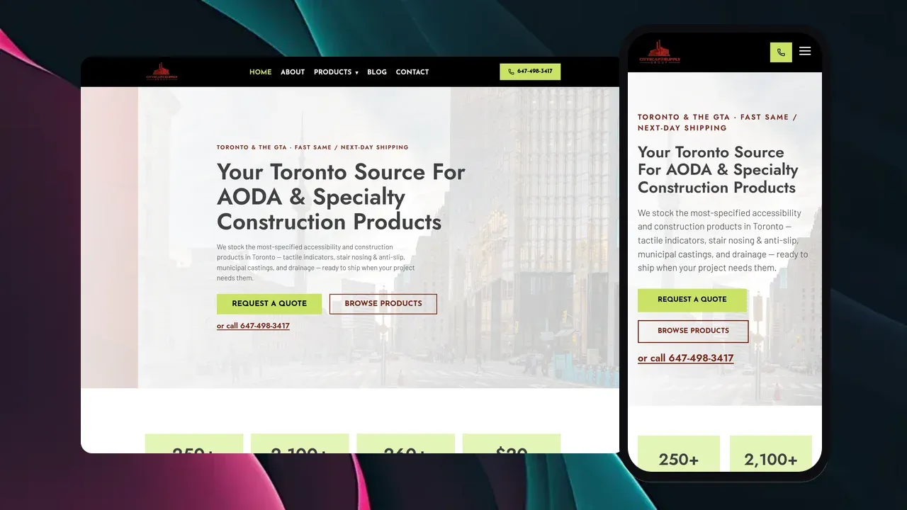 The Cityscape Supply website shown on a laptop and phone: a hero calling the company your Toronto source for AODA and specialty construction products with same and next-day shipping.