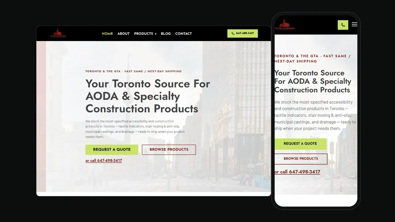 El sitio web de Cityscape Supply mostrado en una laptop y un teléfono: un héroe llamando a la empresa su fuente en Toronto para productos de construcción especializados y AODA con envío el mismo día y al día siguiente.