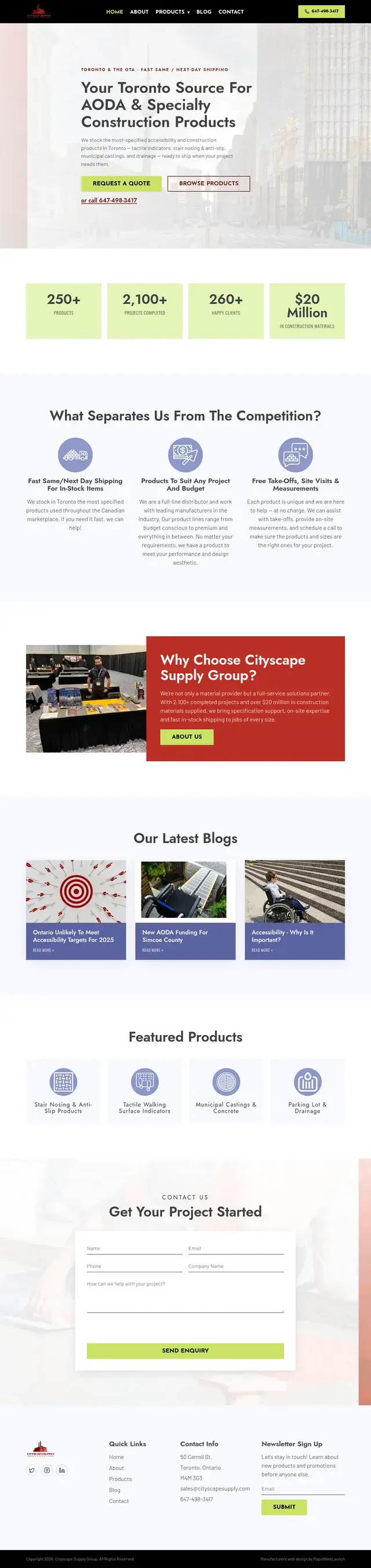 Página de inicio de Cityscape Supply con bloques de estadísticas para más de 250 productos y más de 2,100 proyectos completados, además de secciones sobre envío rápido, despegues gratuitos y categorías de productos destacados.
