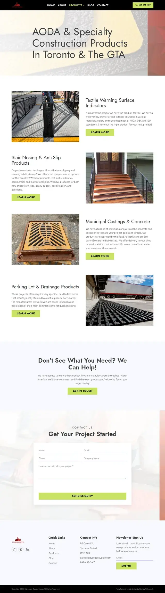 Página de productos de Cityscape Supply que enumera indicadores de superficie de advertencia táctil, narices de escalera y productos antideslizantes, fundiciones municipales y concreto, y productos de estacionamiento y drenaje con fotos.