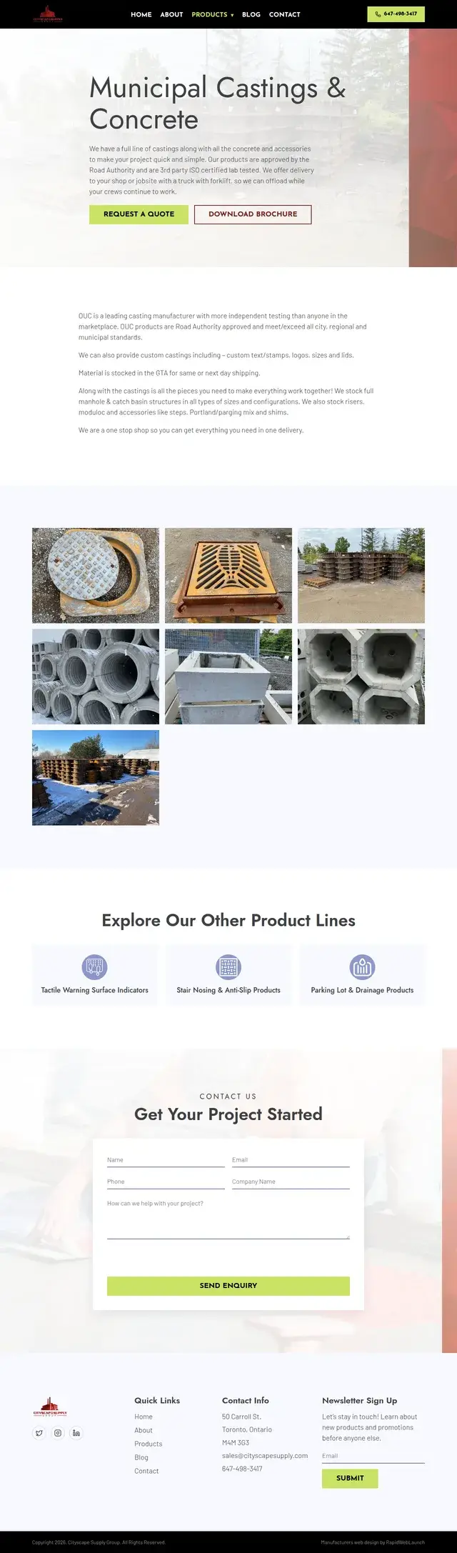 Página de fundiciones municipales y concreto de Cityscape Supply con una galería de fotos de tapas de alcantarilla, rejillas de sumidero y estructuras de concreto prefabricado.