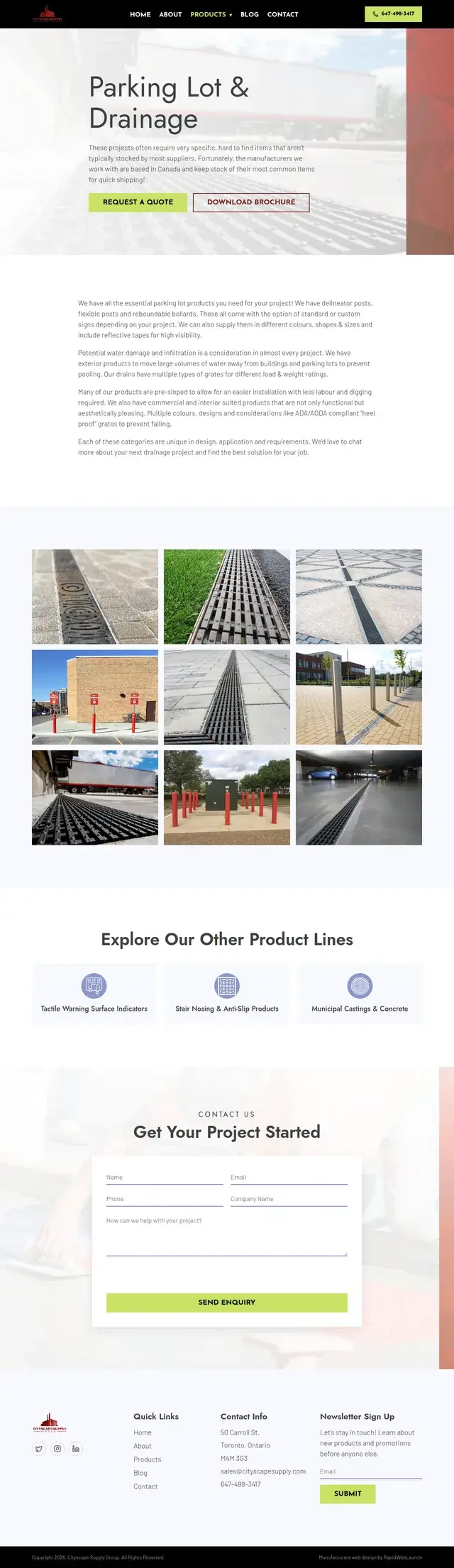 Página de estacionamiento y drenaje de Cityscape Supply mostrando desagües de trinchera, bolardos y postes delimitadores instalados en lotes, pasarelas y garajes de estacionamiento.