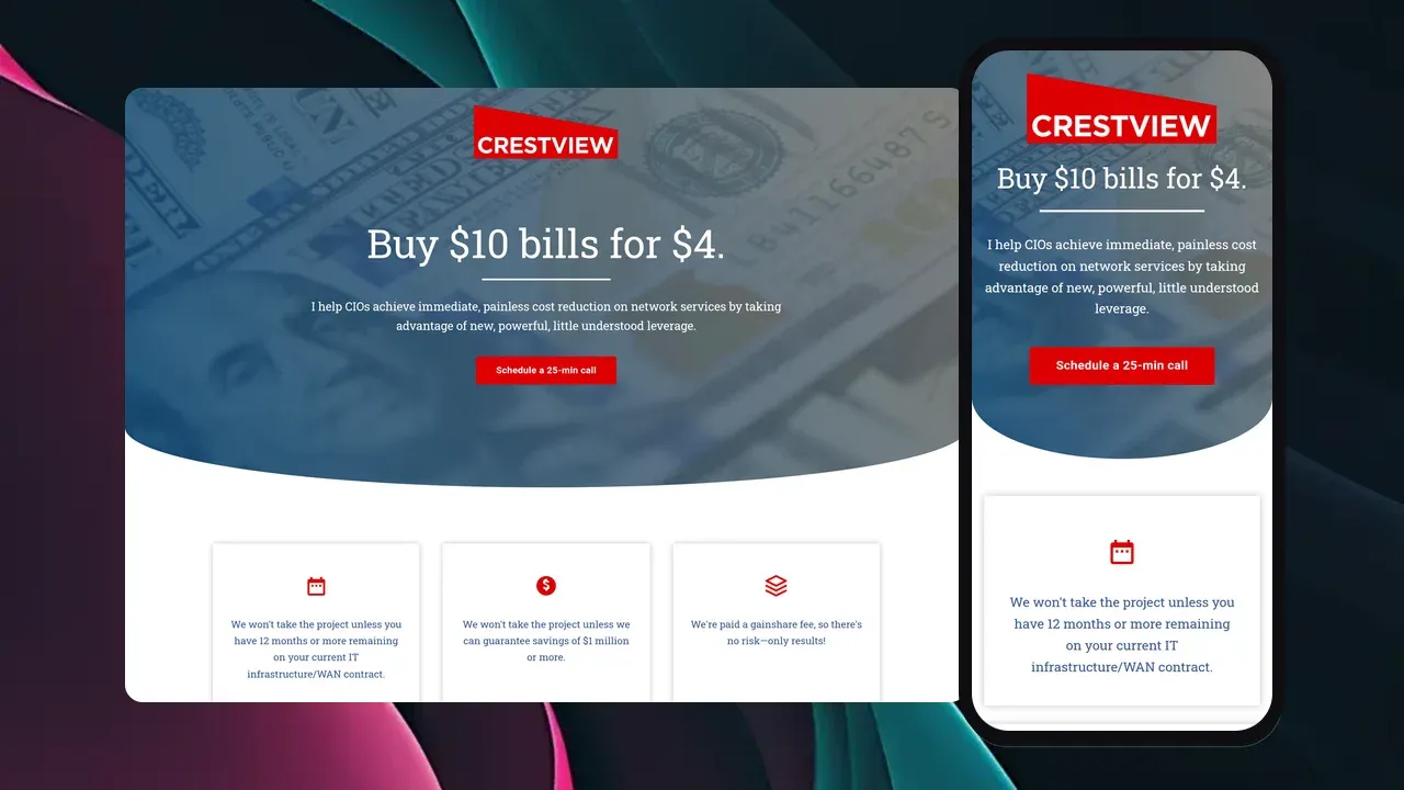 El sitio web de Crestview Communications mostrado en una laptop y teléfono: un héroe sobre un fondo de moneda con tono azul y el titular 'Compre billetes de $10 por $4' y un botón rojo para Programar una llamada de 25 minutos.