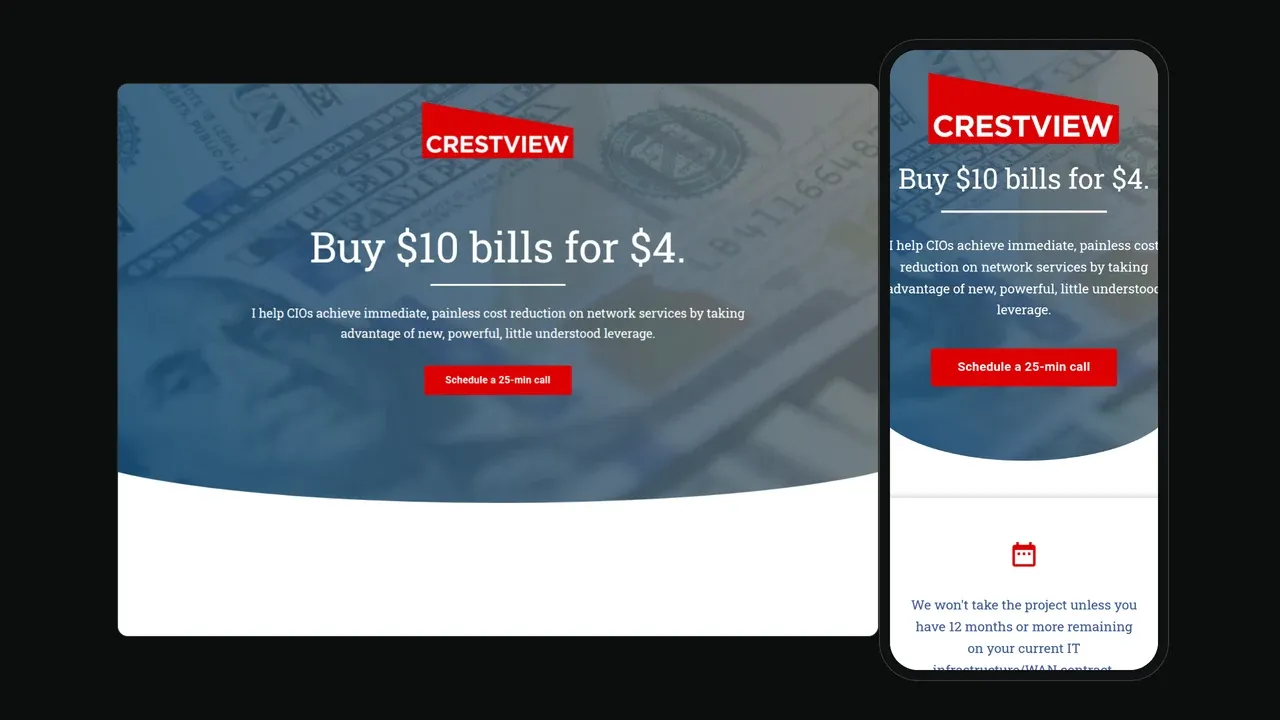 El sitio web de Crestview Communications mostrado en una laptop y teléfono: un héroe sobre un fondo de moneda con tono azul y el titular 'Compre billetes de $10 por $4' y un botón rojo para Programar una llamada de 25 minutos.