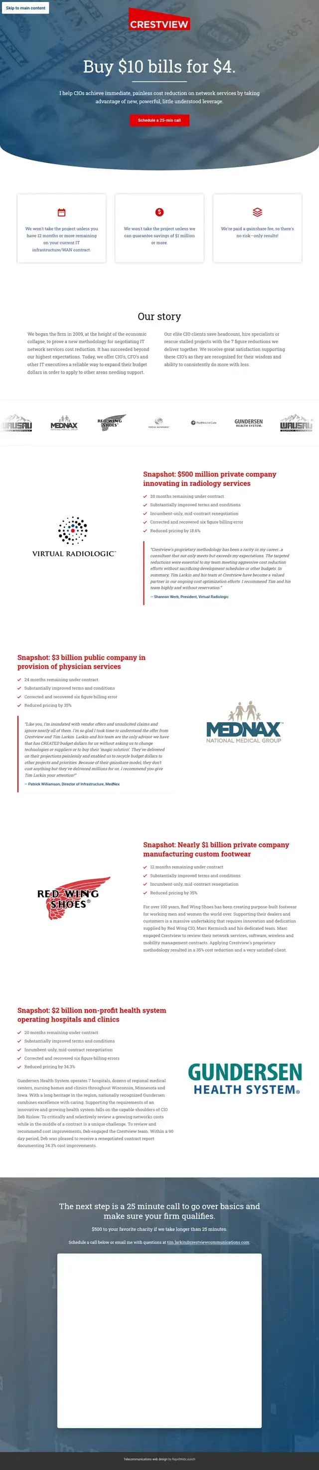 Sitio de una página de Crestview Communications con el titular 'Compre billetes de $10 por $4', una sección Nuestra historia, y capturas de clientes para Virtual Radiologic, MEDNAX, Red Wing Shoes y Gundersen Health System.