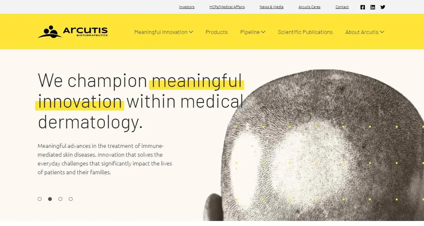 The image features a webpage from Arcutis Biotherapeutics, with a header stating "We champion meaningful innovation within medical dermatology," accompanied by a close-up image of a person's scalp with a skin condition, highlighting the company's focus on dermatological solutions.