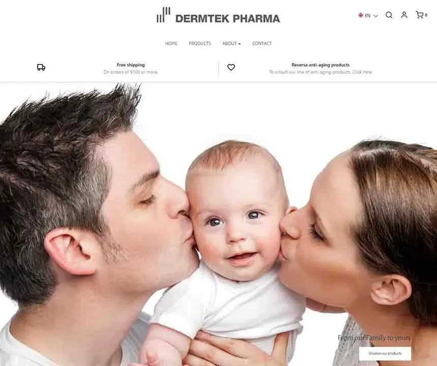 A joyful mother and father lovingly kiss their smiling baby, showcasing a happy family moment on the homepage of Dermtek Pharma, emphasizing skincare and familial bonds.