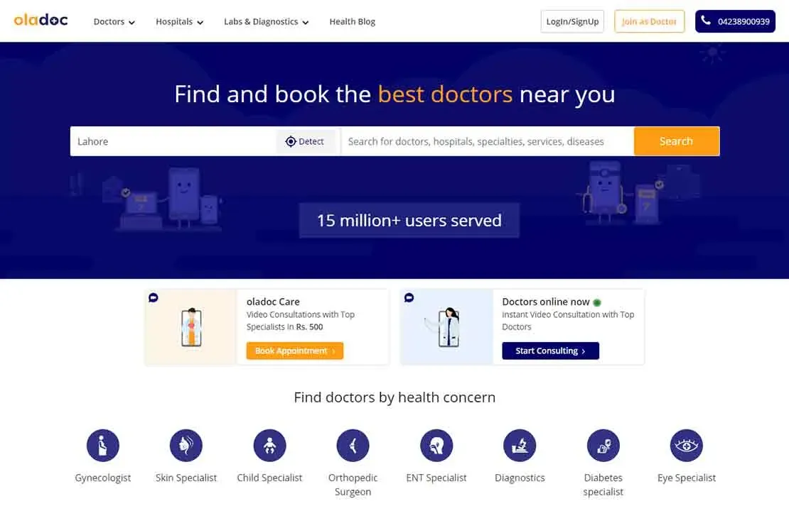 The homepage of a medical services website features a search bar for finding doctors, hospitals, and specialties, highlighted with a tagline promoting over 15 million users, and offers for virtual consultations displayed below.