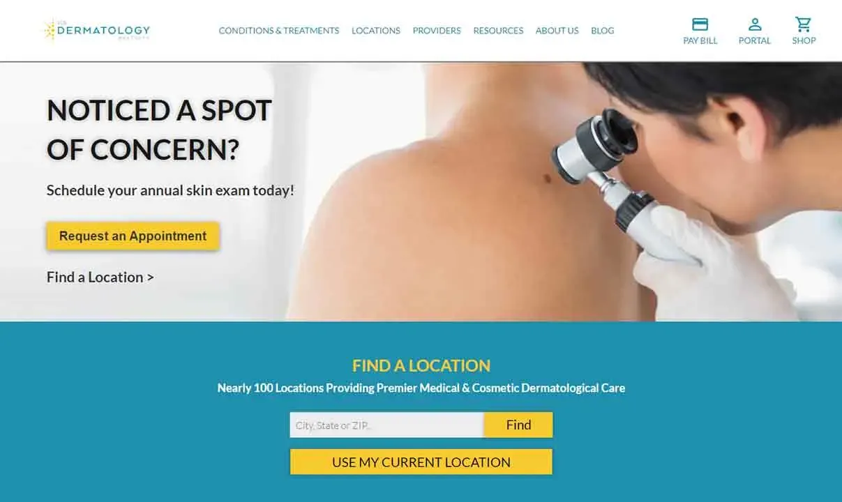 A dermatologist examines a patient's back with a dermatoscope, highlighting skin care services available, with options to request an appointment or find a location.