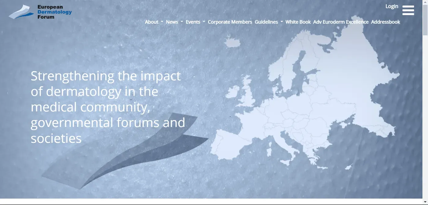 The image features a map of Europe with a blue gradient background, accompanied by text highlighting the impact of dermatology in medical communities, governmental forums, and societies, part of a webpage from the European Dermatology Forum.