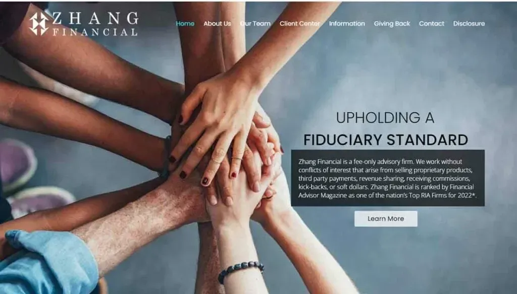 A group of diverse hands join together in the center, symbolizing teamwork and unity, with a financial advisory firm’s branding and mission statement visible in the background, emphasizing a commitment to fiduciary standards.