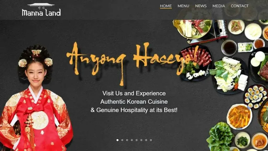 A young woman in traditional Korean attire stands smiling on the left, while an array of colorful Korean dishes, including kimchi, barbecue, and side dishes, is displayed on a dark background, with text inviting visitors to experience authentic Korean cuisine and hospitality.