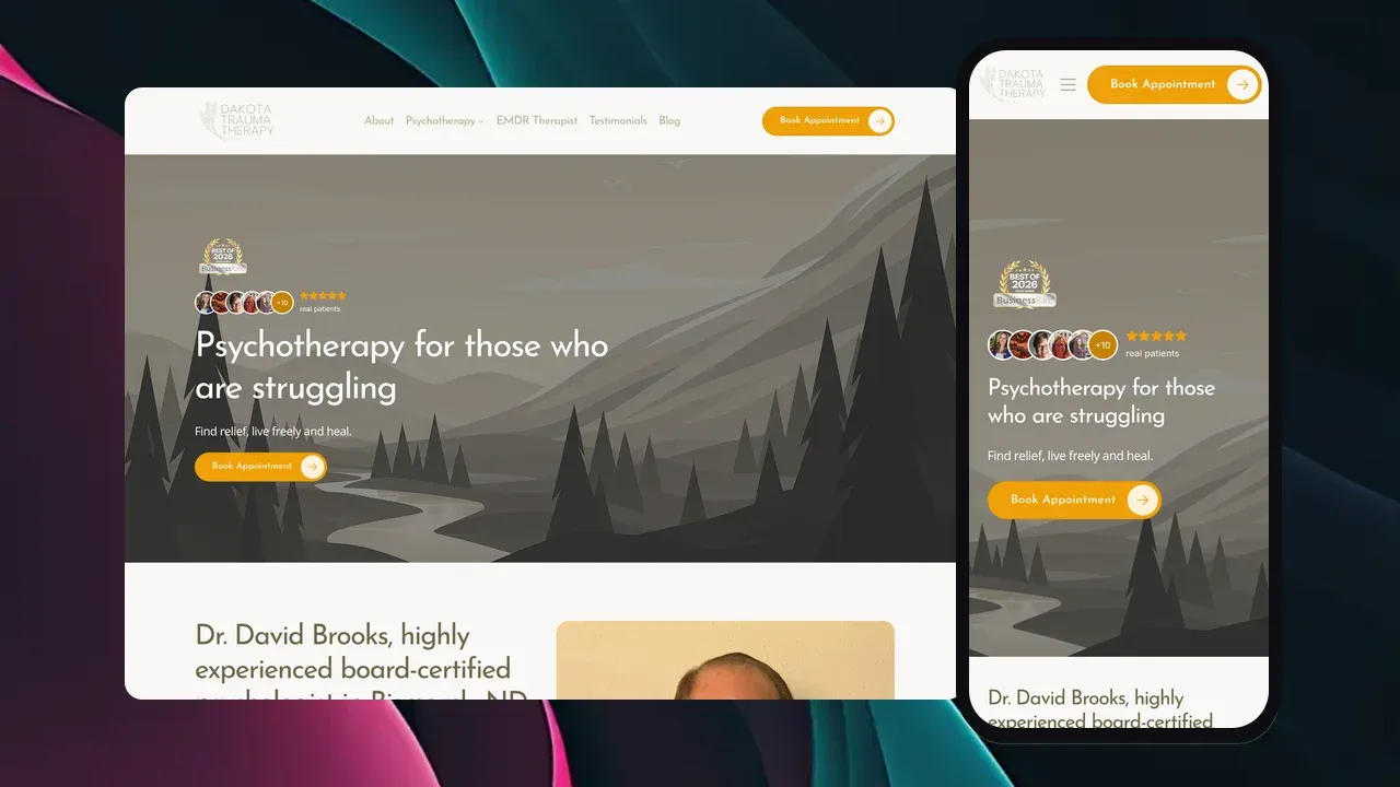 Dakota Trauma Therapy homepage on a laptop and phone: an illustrated prairie landscape behind the headline "Psychotherapy for those who are struggling"