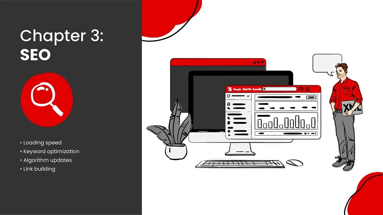Capítulo 3 Banner de SEO: hombre al lado de pantallas de escritorio mostrando un panel de Google Search Console