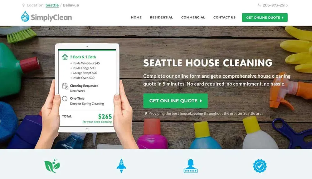 The image displays a house cleaning service website homepage featuring a tablet showing a cleaning service checklist with prices, surrounded by colorful cleaning supplies like sprays and brushes, emphasizing the offer of online quotes for Seattle house cleaning services.