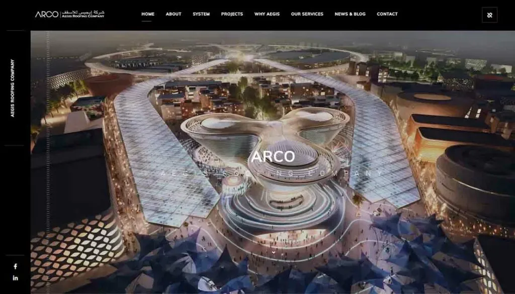 A futuristic architectural design of a sprawling exhibition complex at night, featuring illuminated curved structures and geometric patterns, surrounded by a vibrant cityscape.
