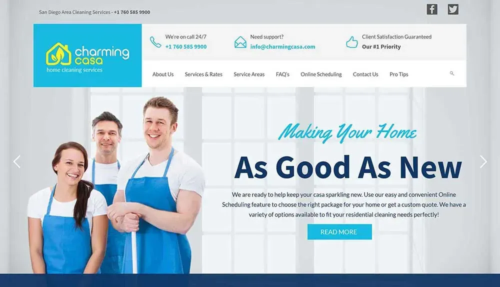 Group of four professionally dressed cleaning staff in blue aprons smiling in front of a window, featured on a home cleaning service website with the tagline "Making Your Home As Good As New."