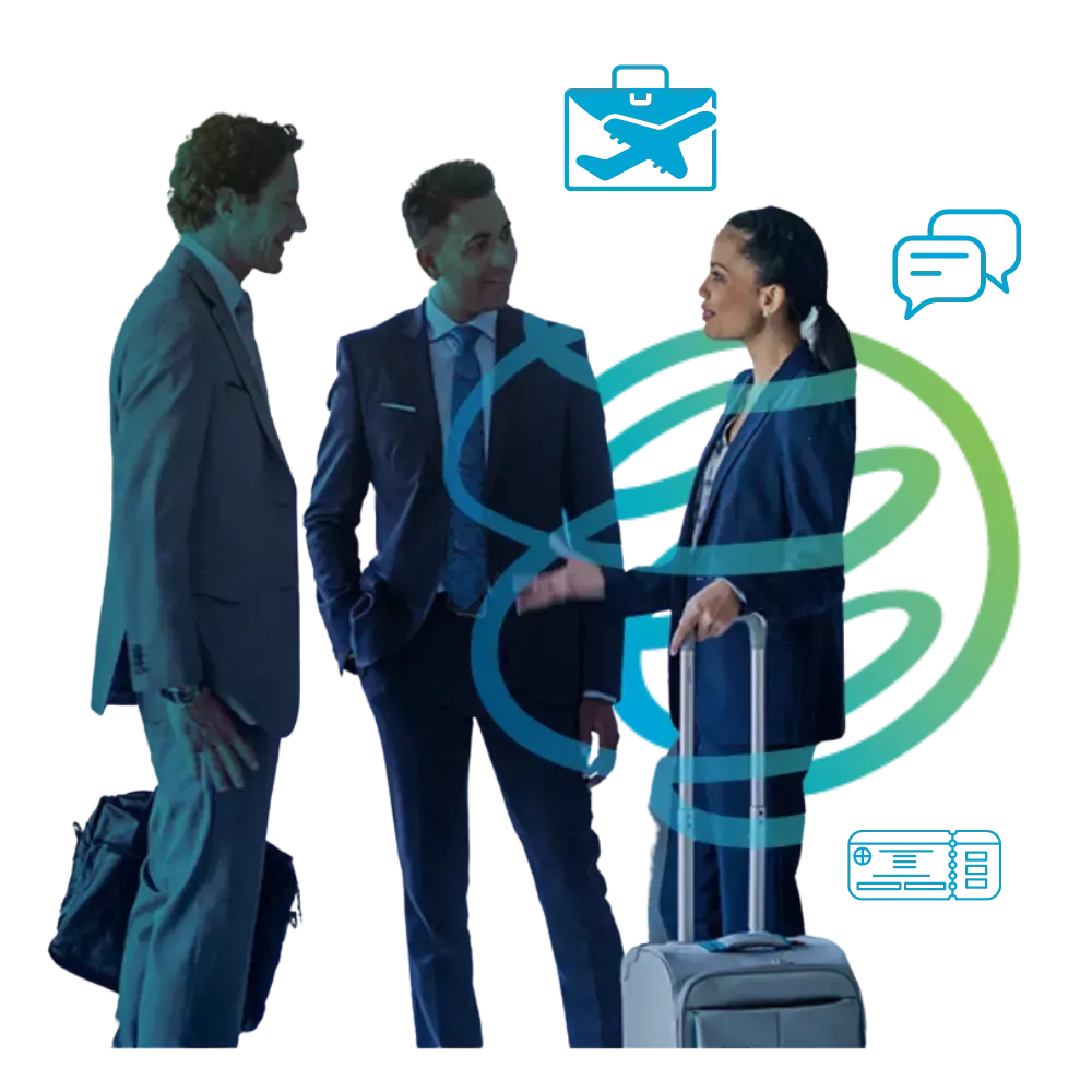 Tres profesionales con atuendo de negocios conversan, con íconos de comunicación digital y un gráfico de globo terráqueo superpuesto para simbolizar la red de negocios global.