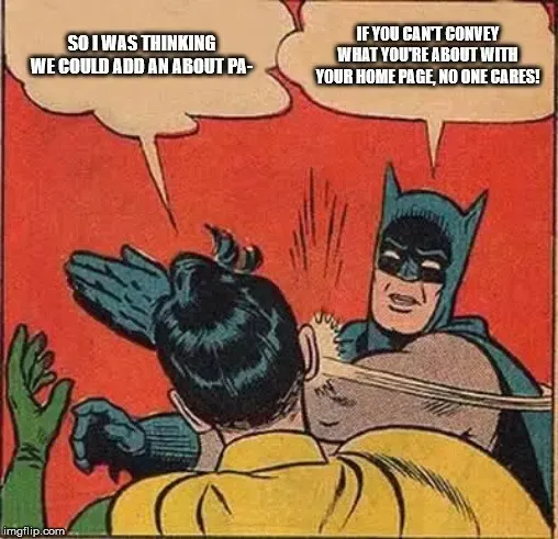 Batman slapping Robin meme, cutting off a suggestion to add an About page