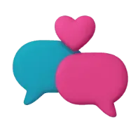 Two chat bubbles in blue and pink, with a heart above them, symbolizing communication and connection.
