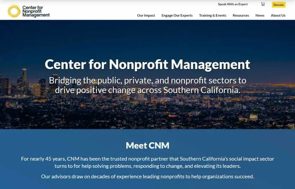A city skyline at dusk with brightly lit buildings and text reading "Center for Nonprofit Management: Bridging the public, private, and nonprofit sectors to drive positive change across Southern California" on a website banner.