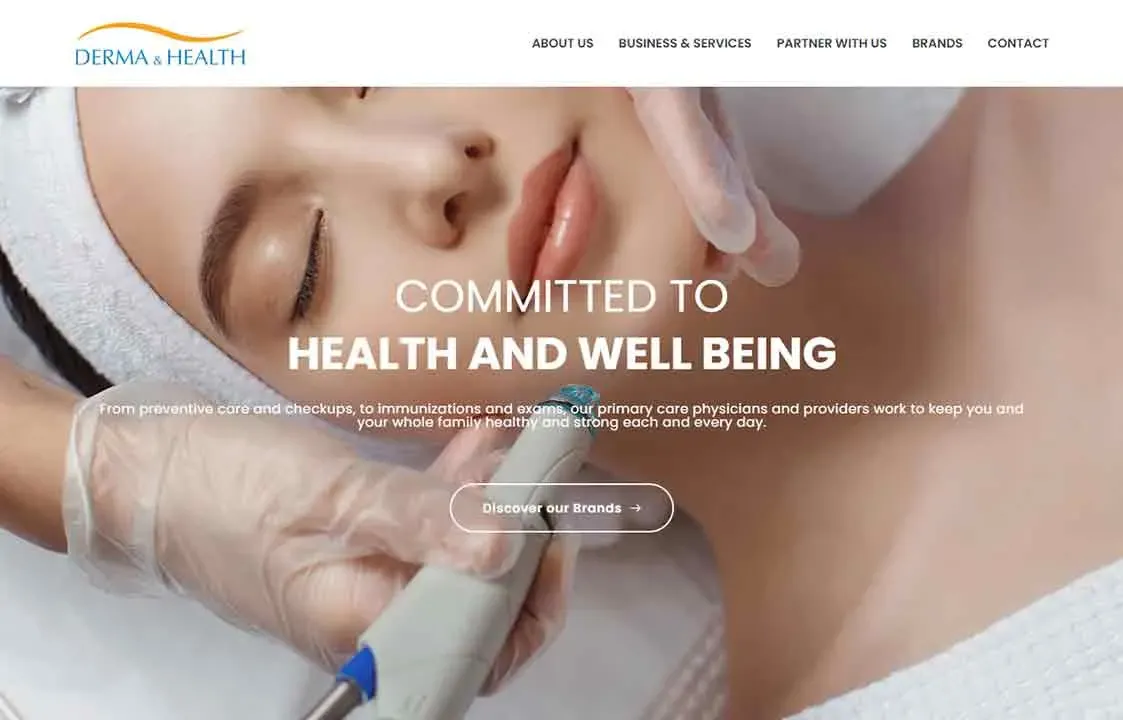 A woman with closed eyes is receiving a facial treatment using a microneedling pen, highlighting skincare and wellness services by a brand called DermaHealth, with navigation options like "About Us" and "Contact" visible on the webpage.