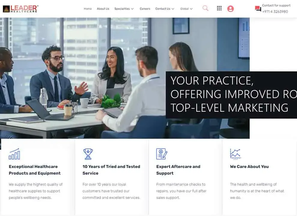 Four professionals are engaged in a business meeting around a modern conference table, with city views in the background, discussing healthcare solutions and marketing strategies as illustrated by the text "Your Practice, Offering Improved Top-Level Marketing" displayed prominently.