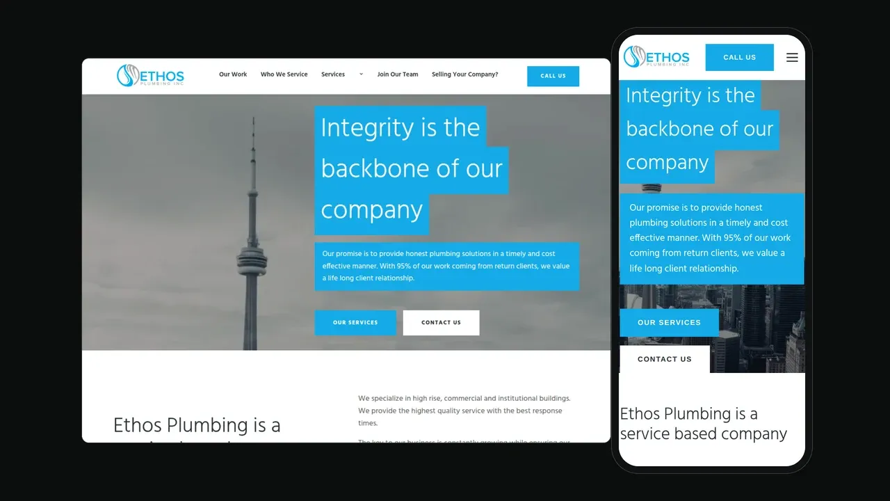 The Ethos Plumbing website shown on a laptop and phone: a hero reading 'Integrity is the backbone of our company' over a grey Toronto skyline with the CN Tower.