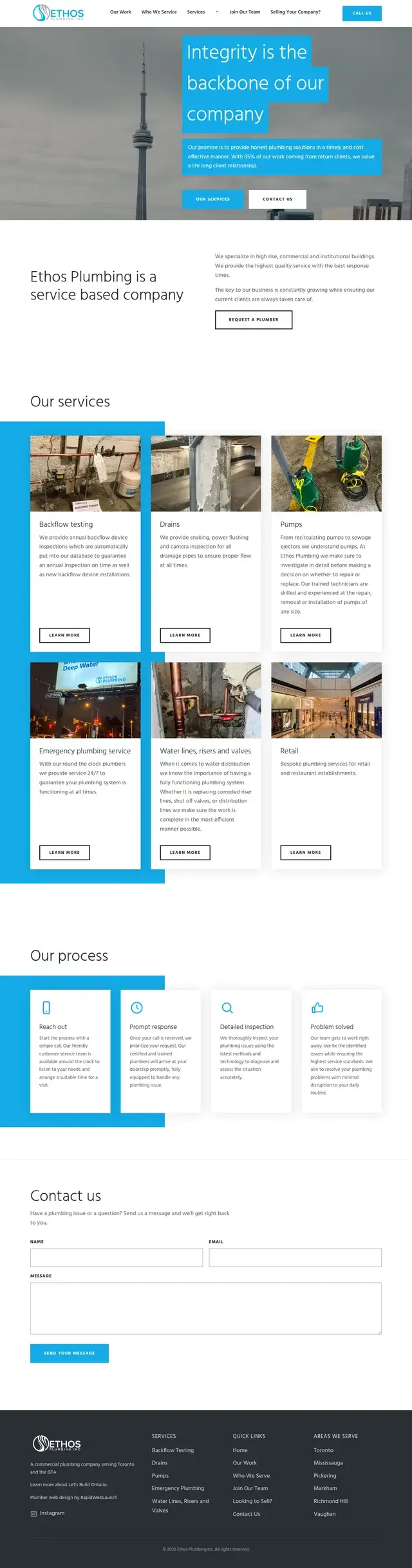 Full Ethos Plumbing homepage: CN Tower hero, six service cards from backflow testing to retail plumbing, a four-step process and a contact form.