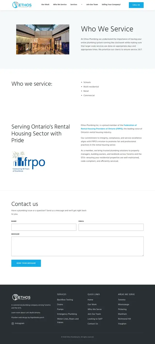 Who We Service page listing schools, multi-residential, retail and commercial clients, plus their FRPO rental housing membership.