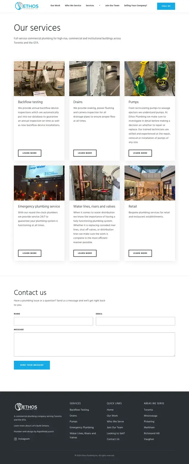 Our Services page with cards for backflow testing, drains, pumps, emergency plumbing, water lines and retail plumbing.