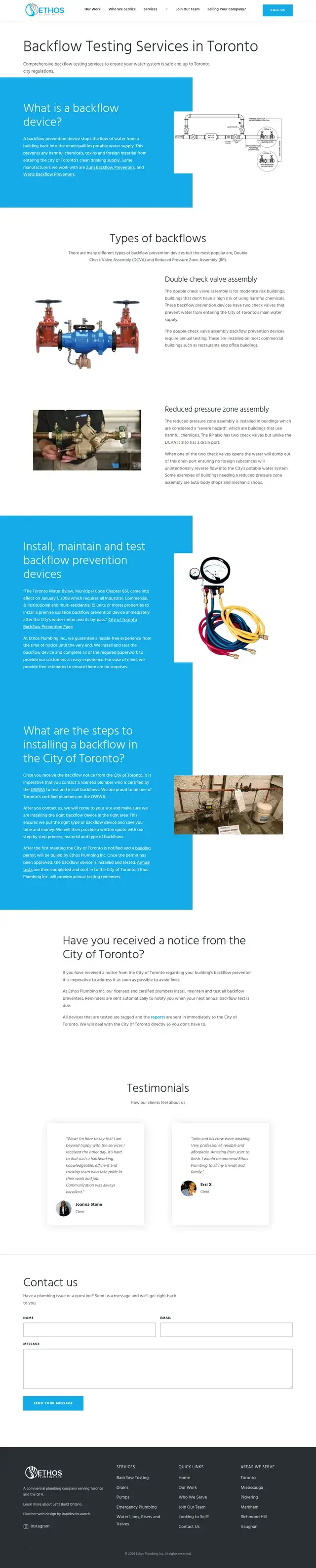 Backflow Testing Services in Toronto page explaining backflow devices, assembly types and the City of Toronto installation process.
