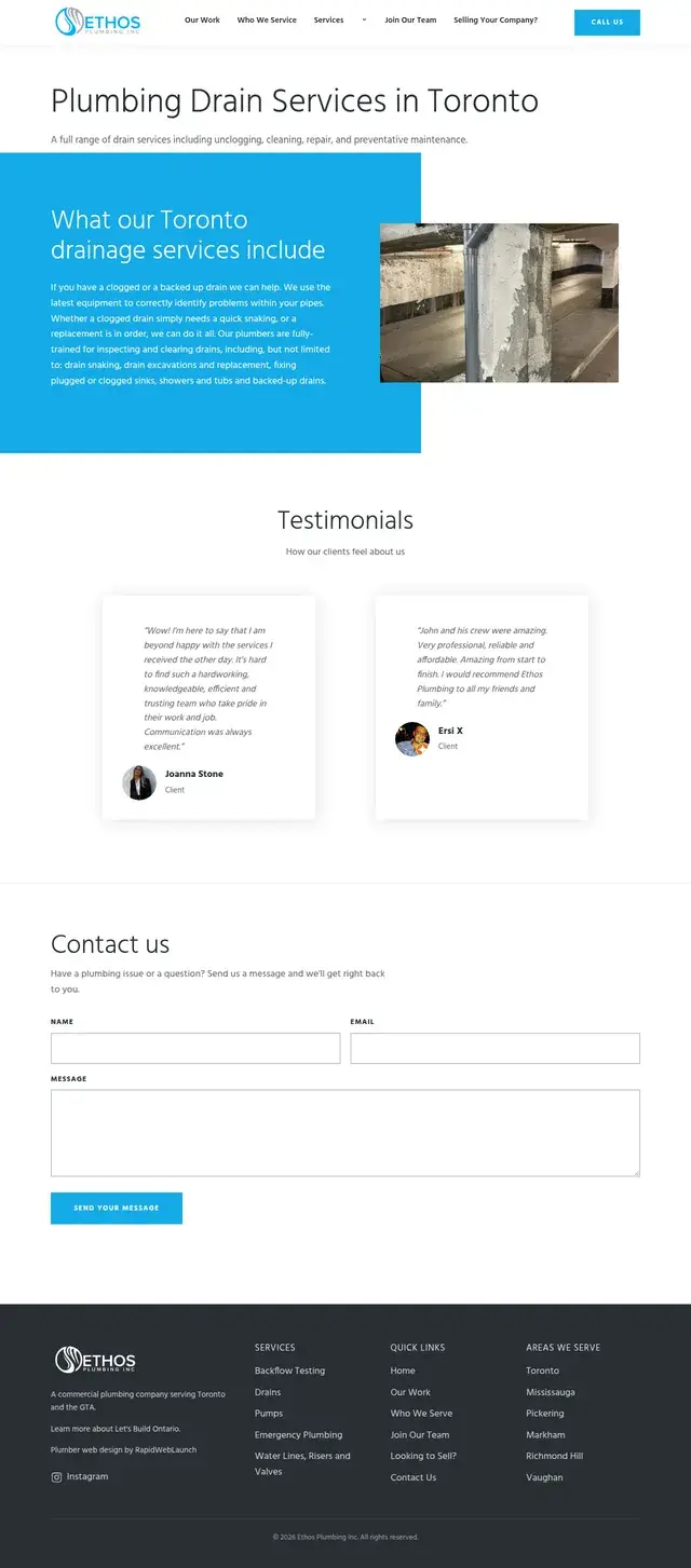 Plumbing Drain Services in Toronto page covering drain snaking, cleaning and repair, with client testimonials and a contact form.