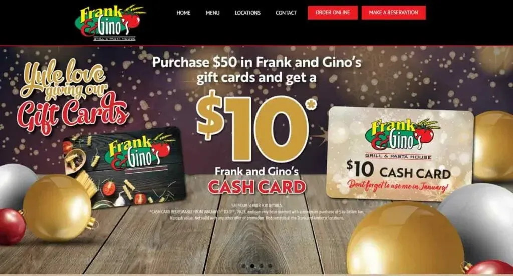 Promotional image featuring Frank and Gino's gift cards adorned with festive decorations, offering a 10 cash card with a 50 gift card purchase, set against a holiday-themed backdrop with gold and silver ornaments and a wooden surface.
