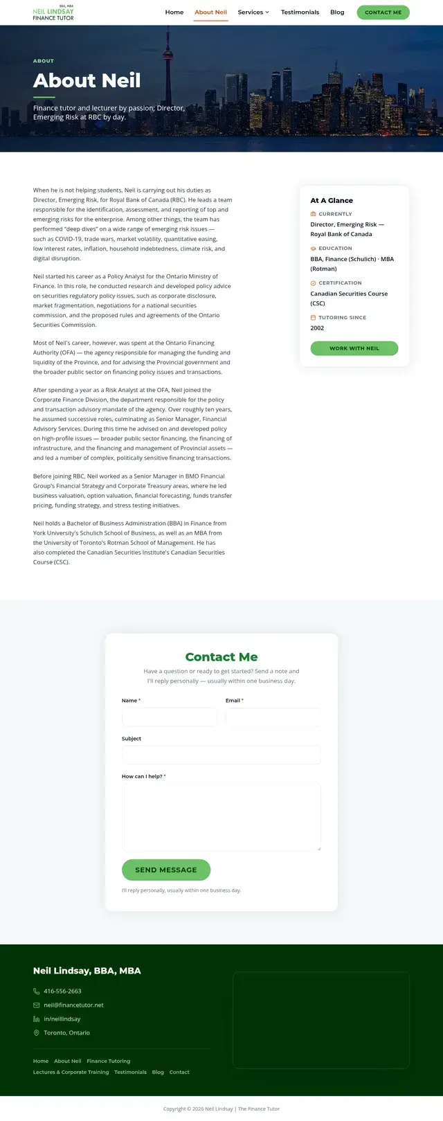Página sobre Finance Tutor con un banner del horizonte de Toronto titulado 'Sobre Neil', su historial de carrera en finanzas, y una barra lateral En Resumen que enumera su rol en RBC, educación y tutoría desde 2002.
