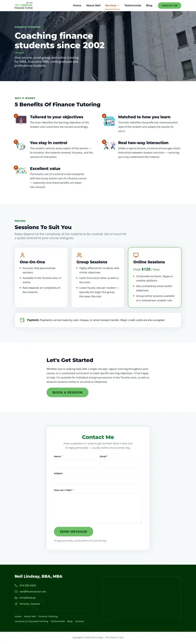 Página de tutoría de Finance Tutor titulada 'Asesorando a estudiantes de finanzas desde 2002', enumerando cinco beneficios de la tutoría en finanzas y tarjetas de precios para sesiones individuales, grupales y en línea.