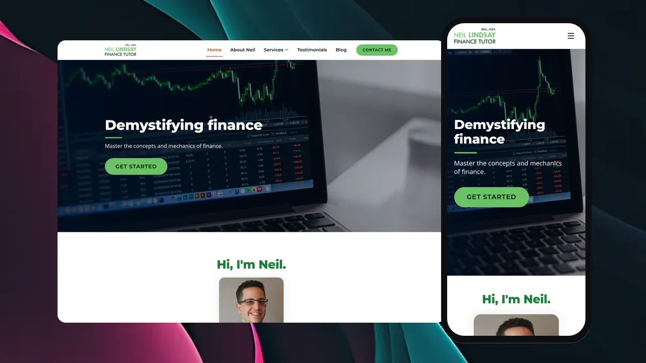 The Finance Tutor website shown on a laptop and phone: a stock chart hero with the headline 'Demystifying finance' and a green Get Started button.