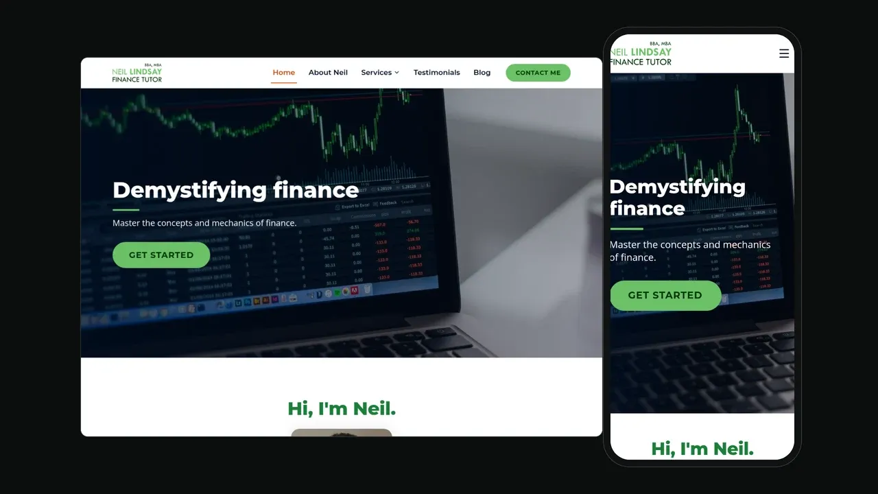 El sitio web de Finance Tutor mostrado en una laptop y un teléfono: un gráfico de acciones como imagen principal con el titular 'Desmitificando las finanzas' y un botón verde de Comenzar.