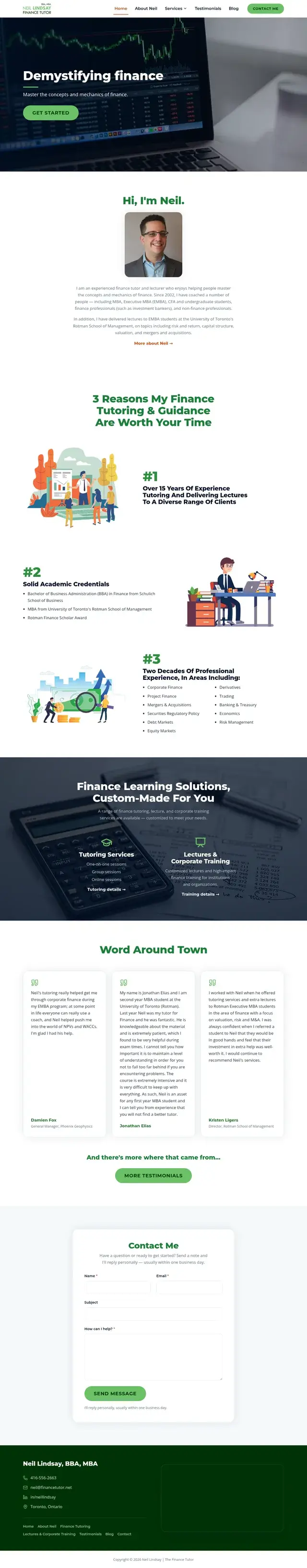 Página de inicio de Finance Tutor presentando a Neil con el titular 'Hola, soy Neil', tres razones ilustradas por las que su tutoría en finanzas vale su tiempo, testimonios bajo 'Lo que se dice en la ciudad', y un formulario de contacto.