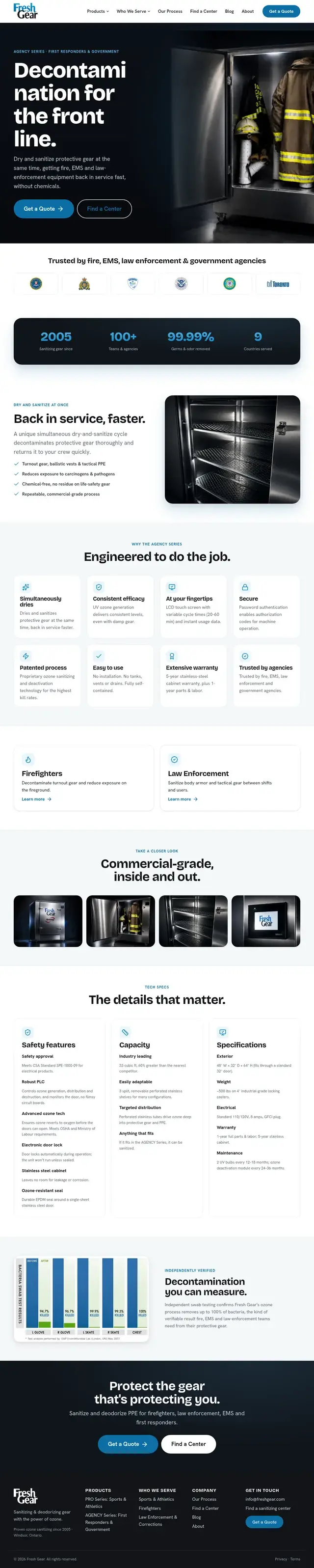 Página de la Serie AGENCY para primeros respondedores y gobierno, con especificaciones de equipos y detalles de cumplimiento.