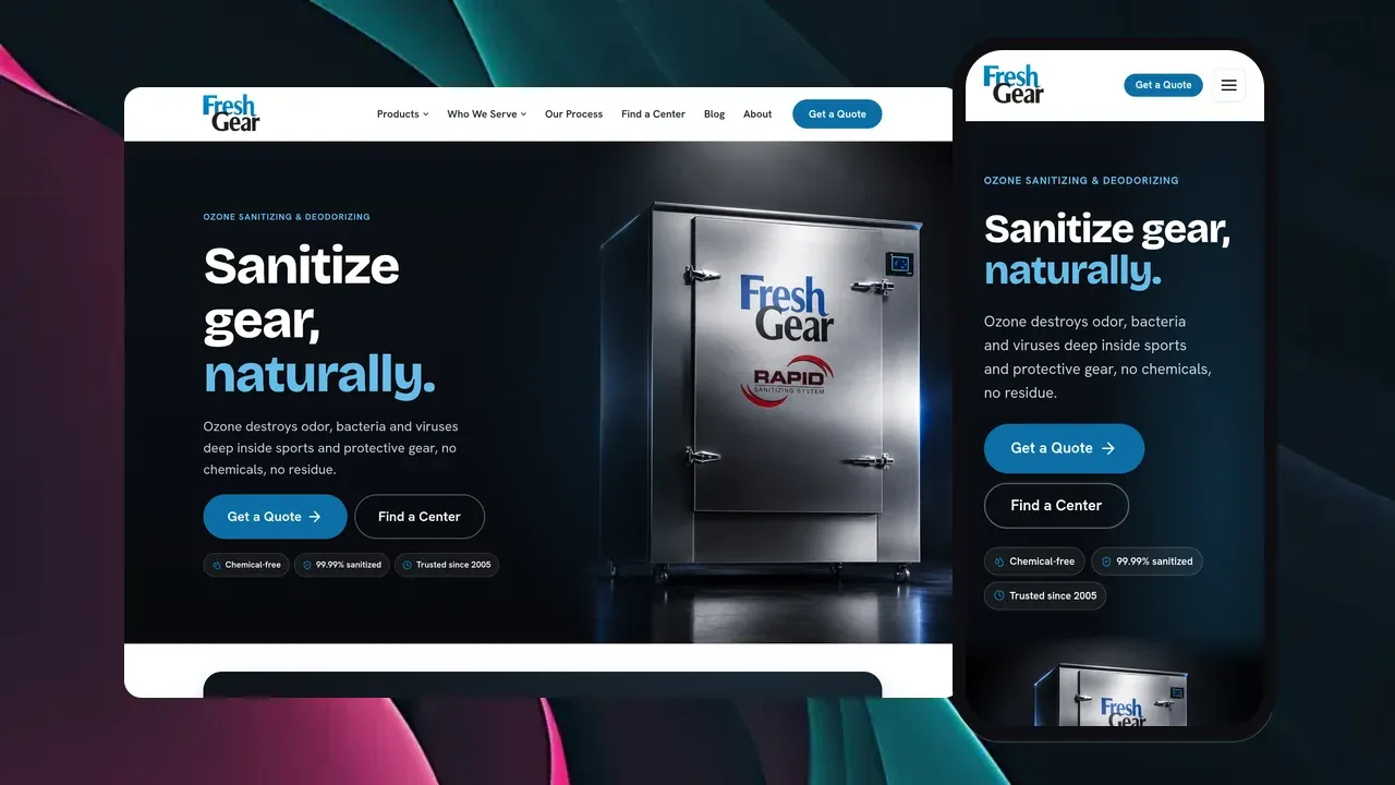 The redesigned Fresh Gear website shown on a laptop and phone: a dark hero reading 'Sanitize gear, naturally' beside a stainless steel Rapid Sanitizing System machine.