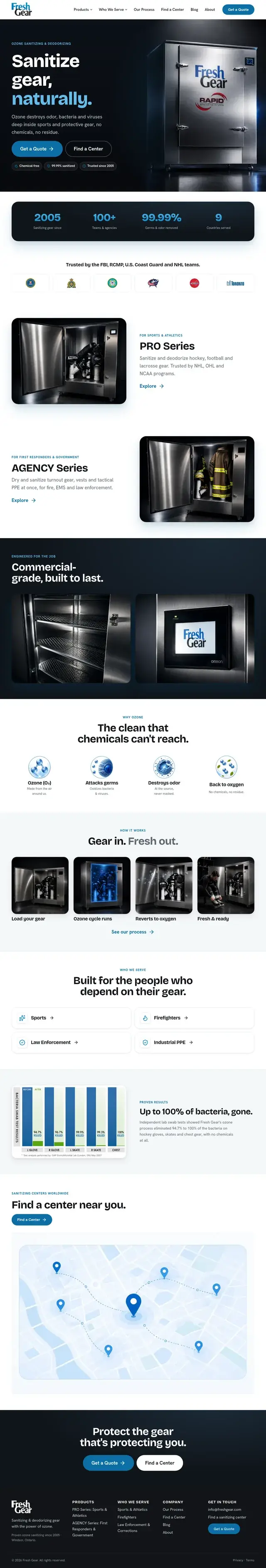 Página completa de inicio de Fresh Gear: héroe de sanitización con ozono, serie de productos, industrias atendidas, resumen del proceso y ubicaciones de distribuidores.