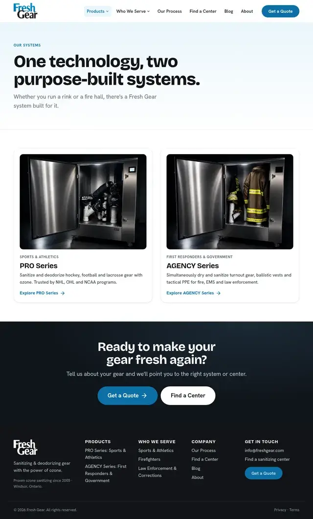 Página de productos de Fresh Gear comparando la Serie PRO para deportes y la Serie AGENCY para primeros respondedores.