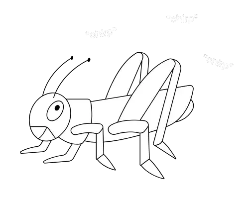 A simple black-and-white cartoon drawing of a grasshopper, lying on its back with legs in the air.