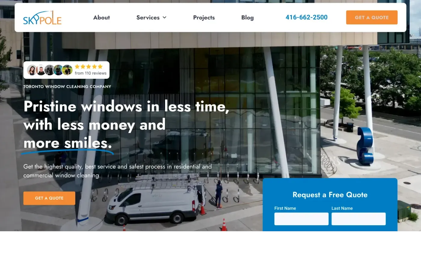A team of workers cleans the large glass windows of a modern commercial building using specialized equipment and a company-branded van, emphasizing efficient service and satisfied customer reviews.