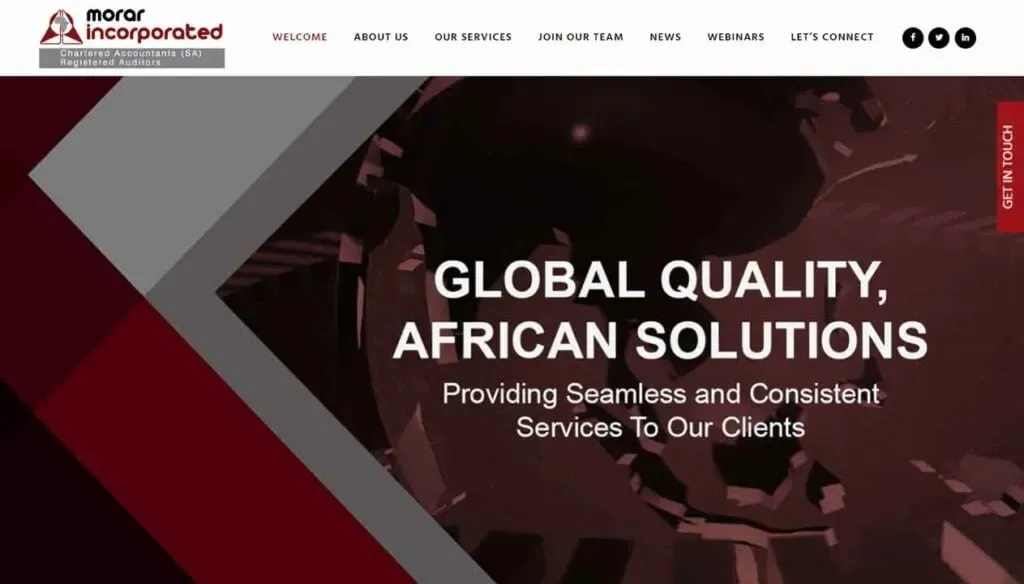 Homepage of a consulting firm featuring the slogan "Global Quality, African Solutions" against a dark background with navigation options including services, news, and webinars.
